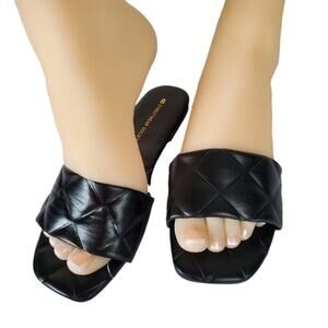 Quilted Band Embossed Sole Faux Leather Black Flat Slip-On Square Sandals